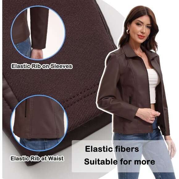 Women Coffee Faux Leather Motorcycle Jacket Zip Up Trendy Going Out Coat - Picture 3 of 6